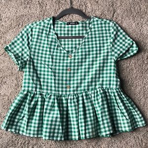 Green plaid button top